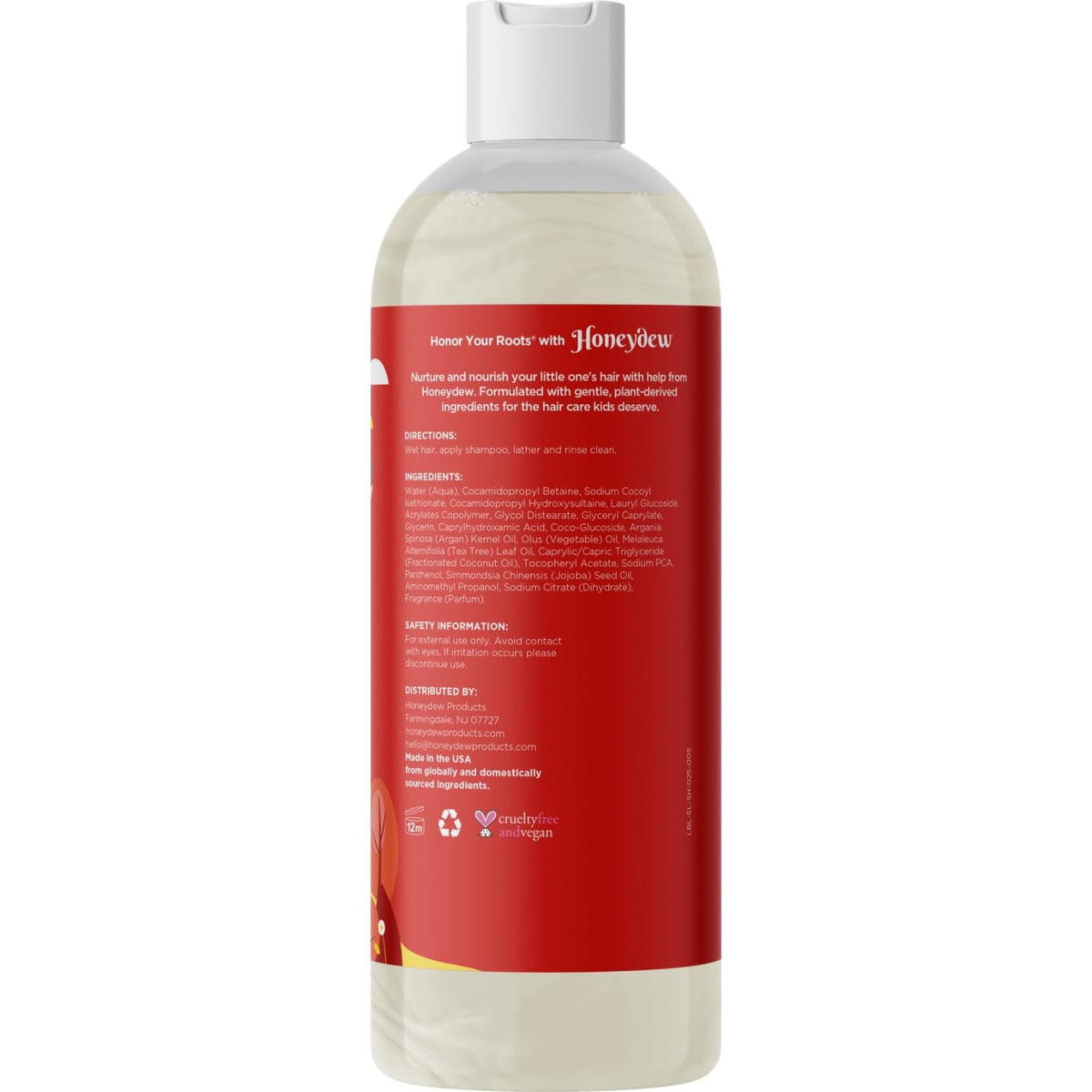 HONEYDEW ingredient label close-up listing tea tree and jojoba benefits