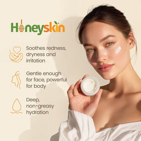 Honeyskin being applied to hand demonstrating targeted soothing and hydration