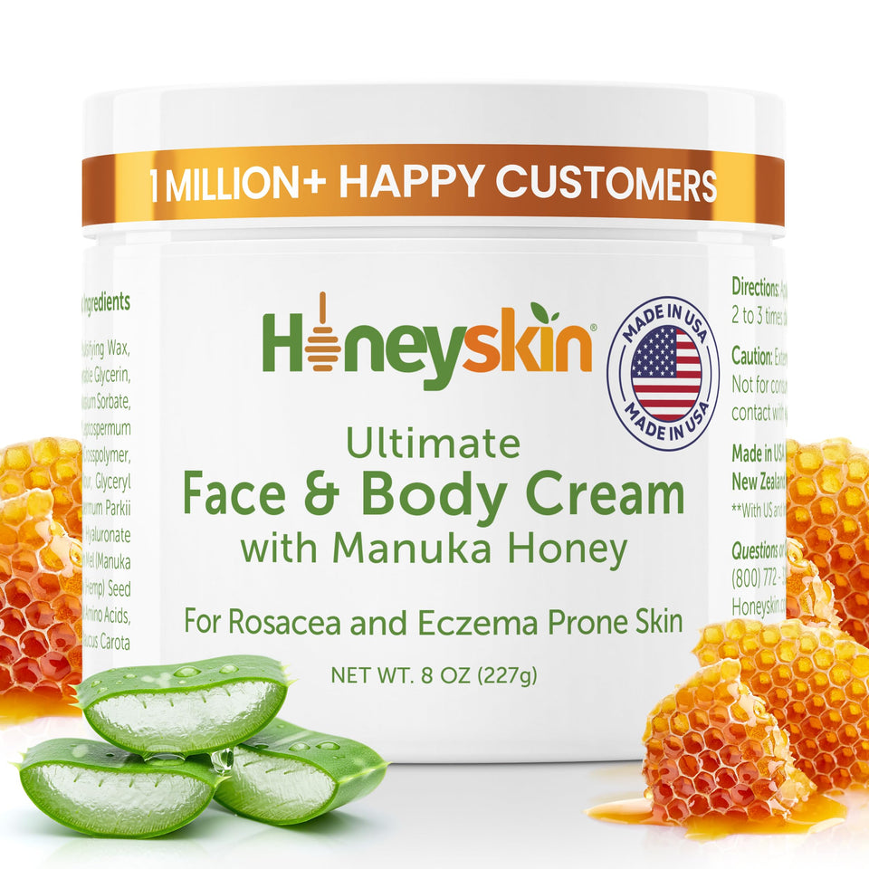 Honeyskin front packaging showing 8oz jar and manuka honey benefit