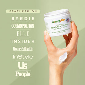 Honeyskin label close-up showing natural ingredient list and clean formulation