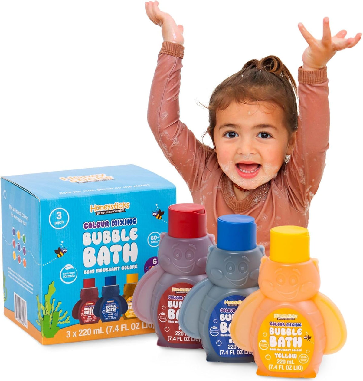 Honeysticks bee-shaped bottle front view showing colorful child-safe packaging and easy dispensing