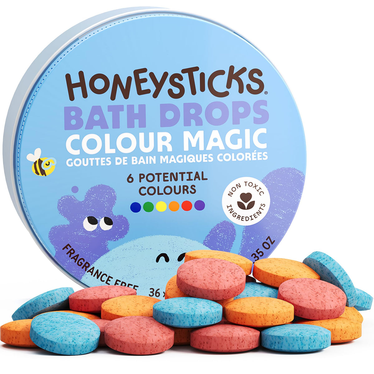 Honeysticks front tin packaging shows colorful bath drops and tidy storage benefits