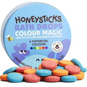 Honeysticks front tin packaging shows colorful bath drops and tidy storage benefits