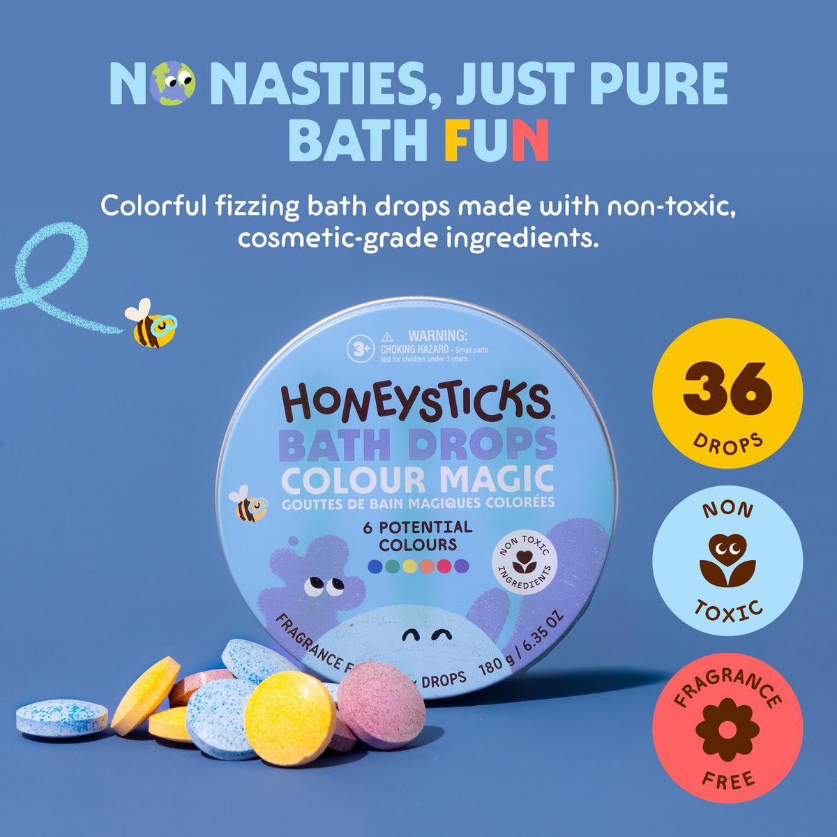 Honeysticks three tablets closeup highlighting texture and safe, food-grade colors