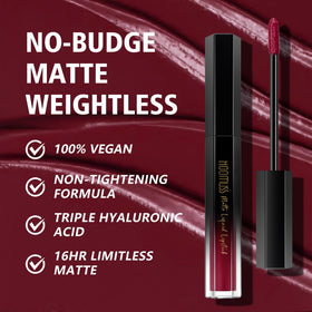 HOOMUSS on model lips illustrating smooth matte finish and long wear