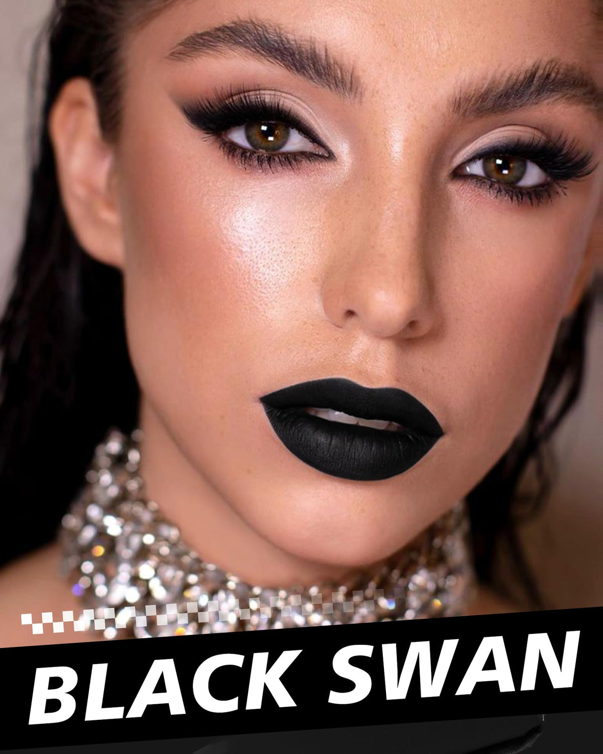 HOOMUSS on model wearing bold black lip for dramatic evening confidence