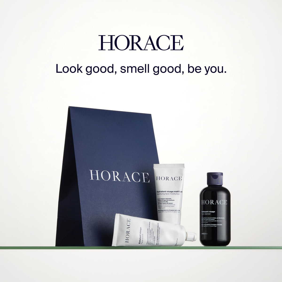 HORACE placed on bathroom shelf conveying minimalist, clean routine