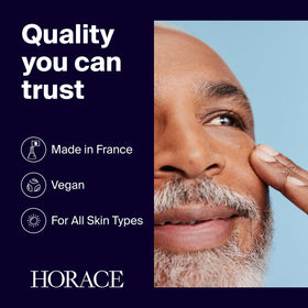 HORACE ingredient label highlighting vitamin C and glycolic acid for visible-active clarity
