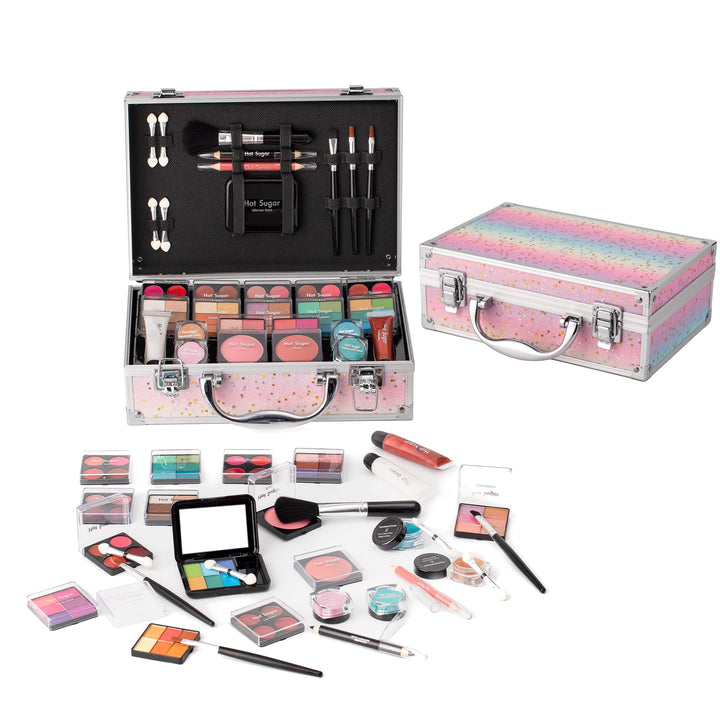 Hot Sugar front view of open train case showing full starter kit and organization