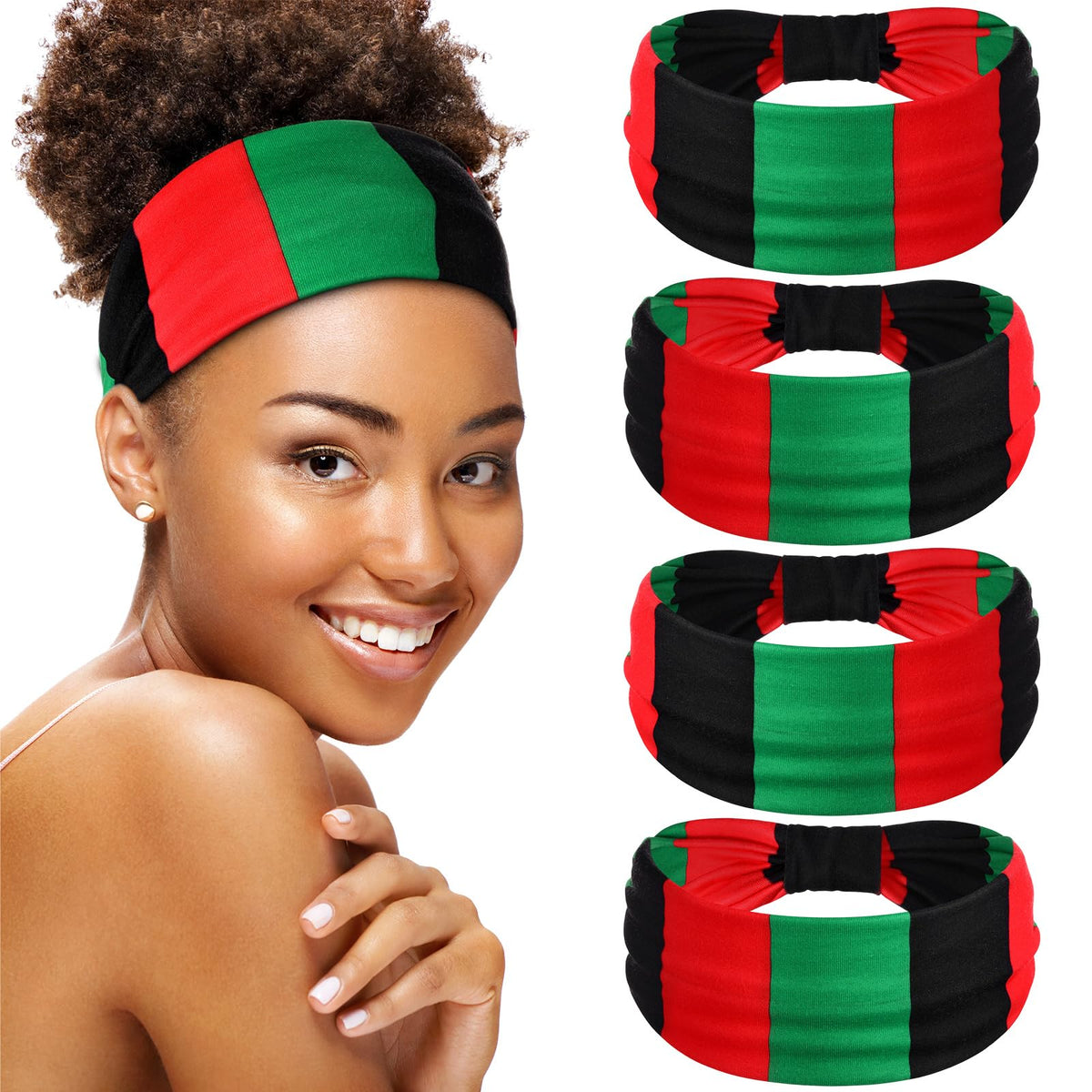Hoteam front view of four Juneteenth headbands showing bold colors and value