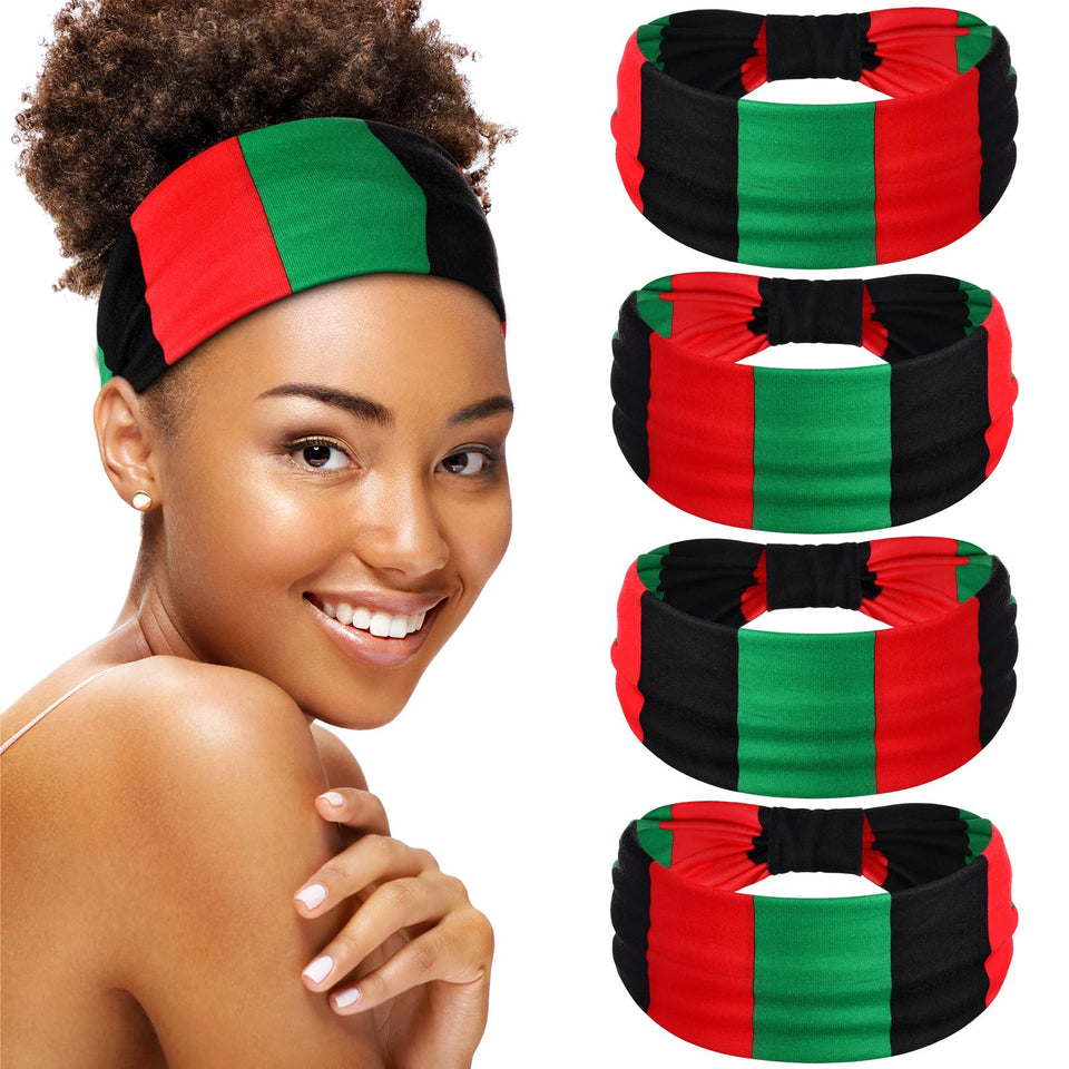 Hoteam front view of four Juneteenth headbands showing bold colors and value
