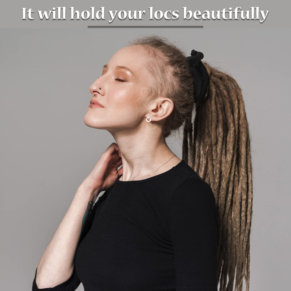 Outdoor portrait of person wearing Hoteam tie in styled dreadlocks for discreet look