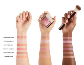 Hourglass blush applied on model cheeks for natural luminous flush and flattering lift