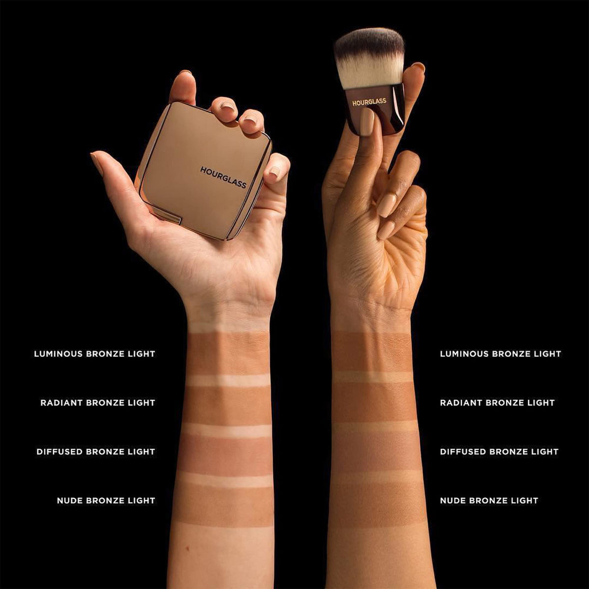 HOURGLASS swatch on forearm demonstrating Nude Bronze Light buildable warmth and real-skin result