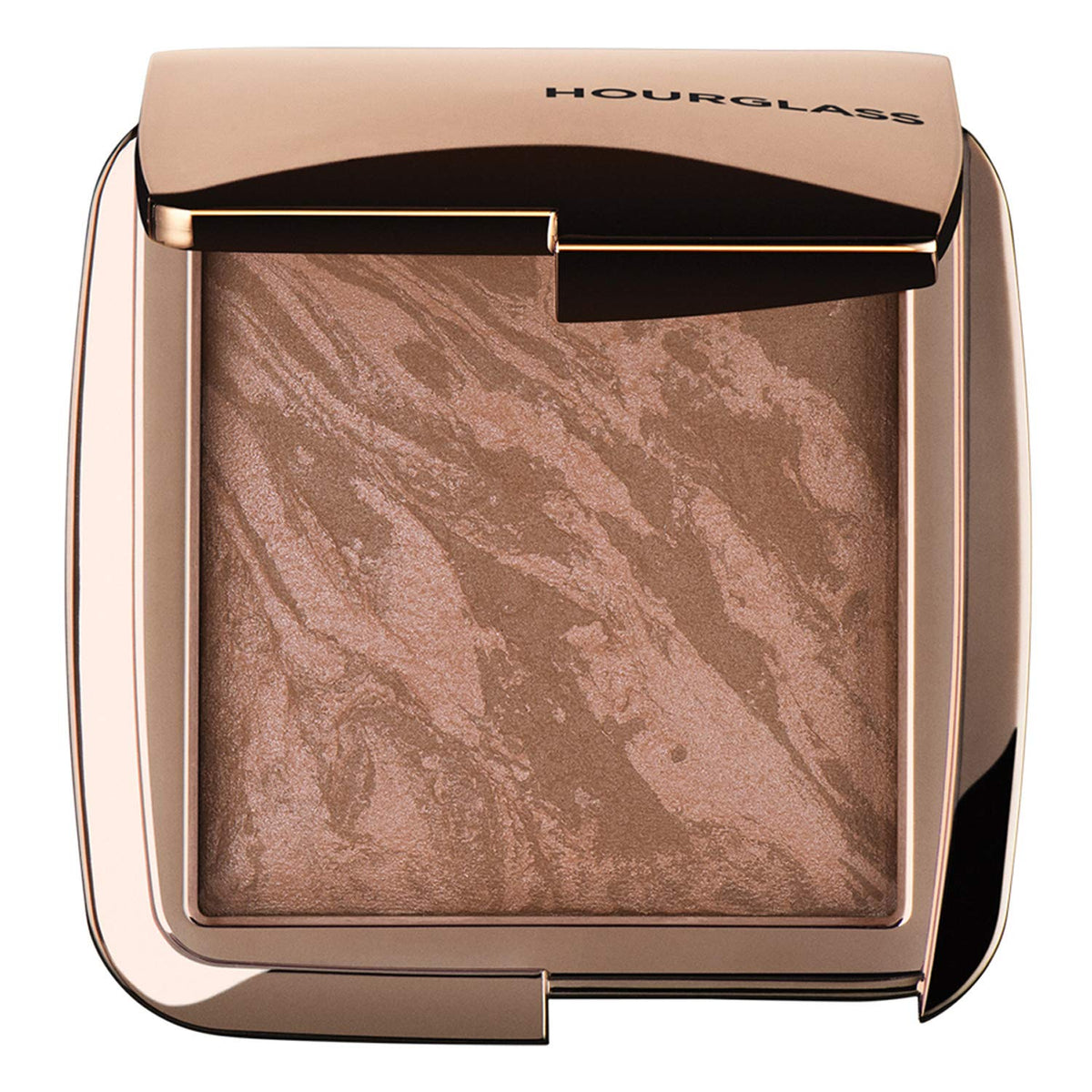 Hourglass front compact showing product and brand for effortless glow