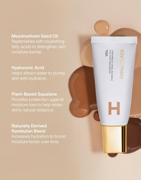 HOURGLASS on bathroom vanity styled for daily routine and effortless glow benefit
