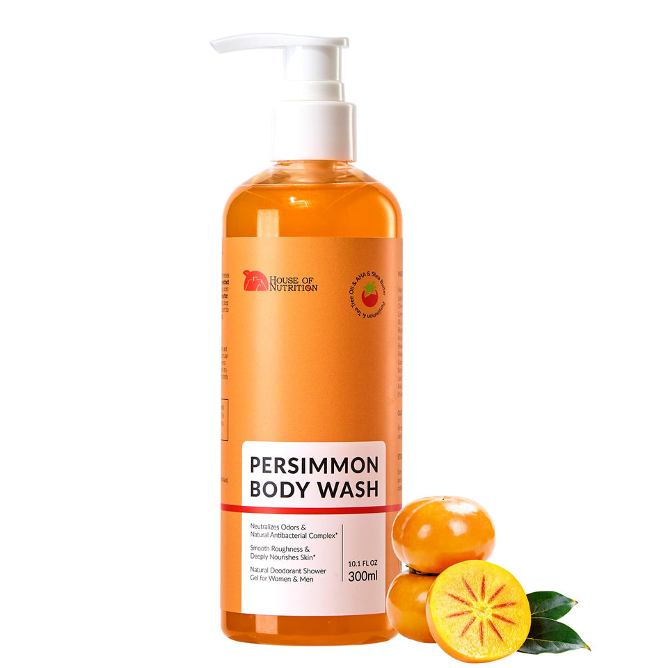 House of Nutrition front bottle view showing persimmon body wash benefits