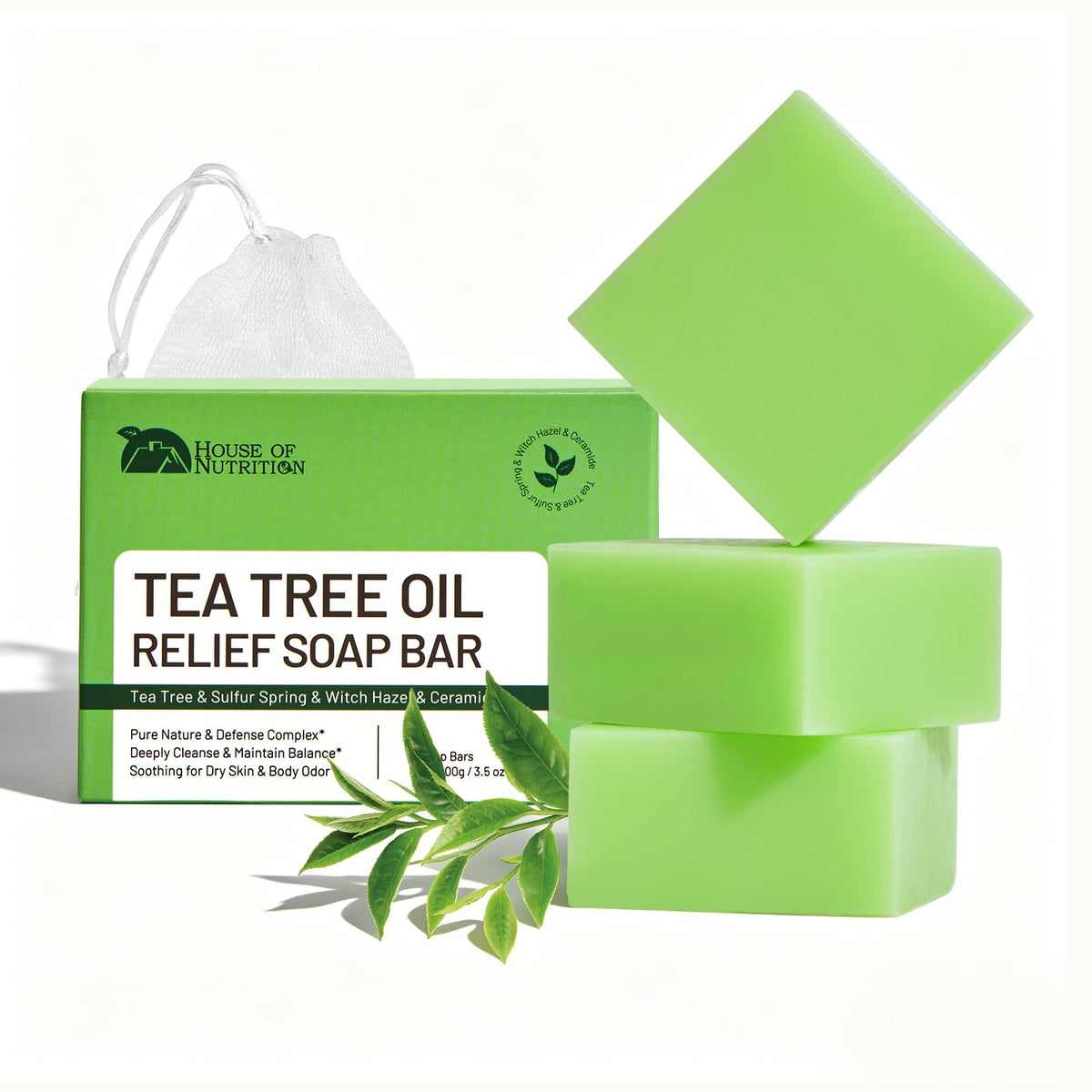 House of Nutrition front packaging showing three tea tree bars for convenience