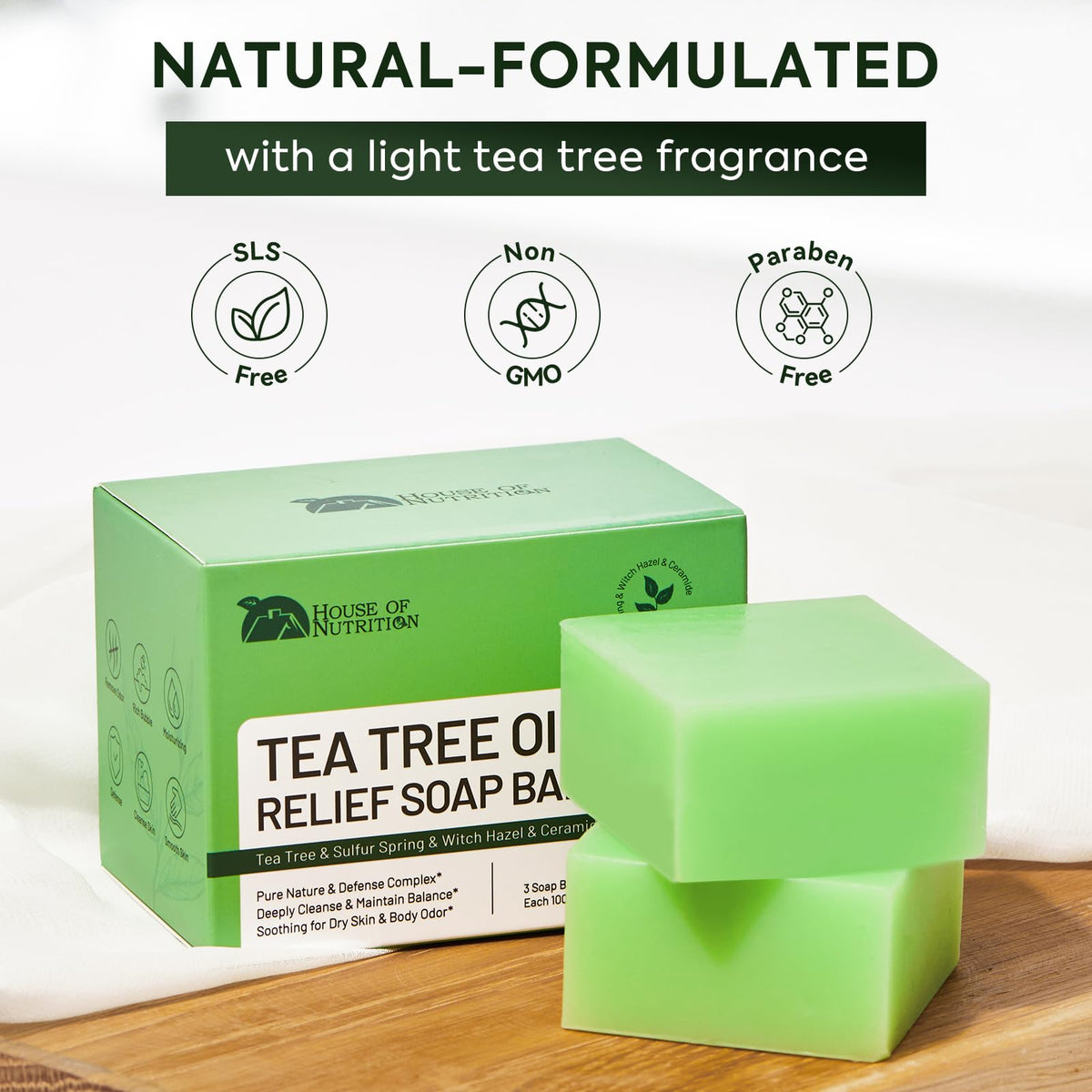 House of Nutrition ingredient label closeup emphasizing tea tree oil benefit