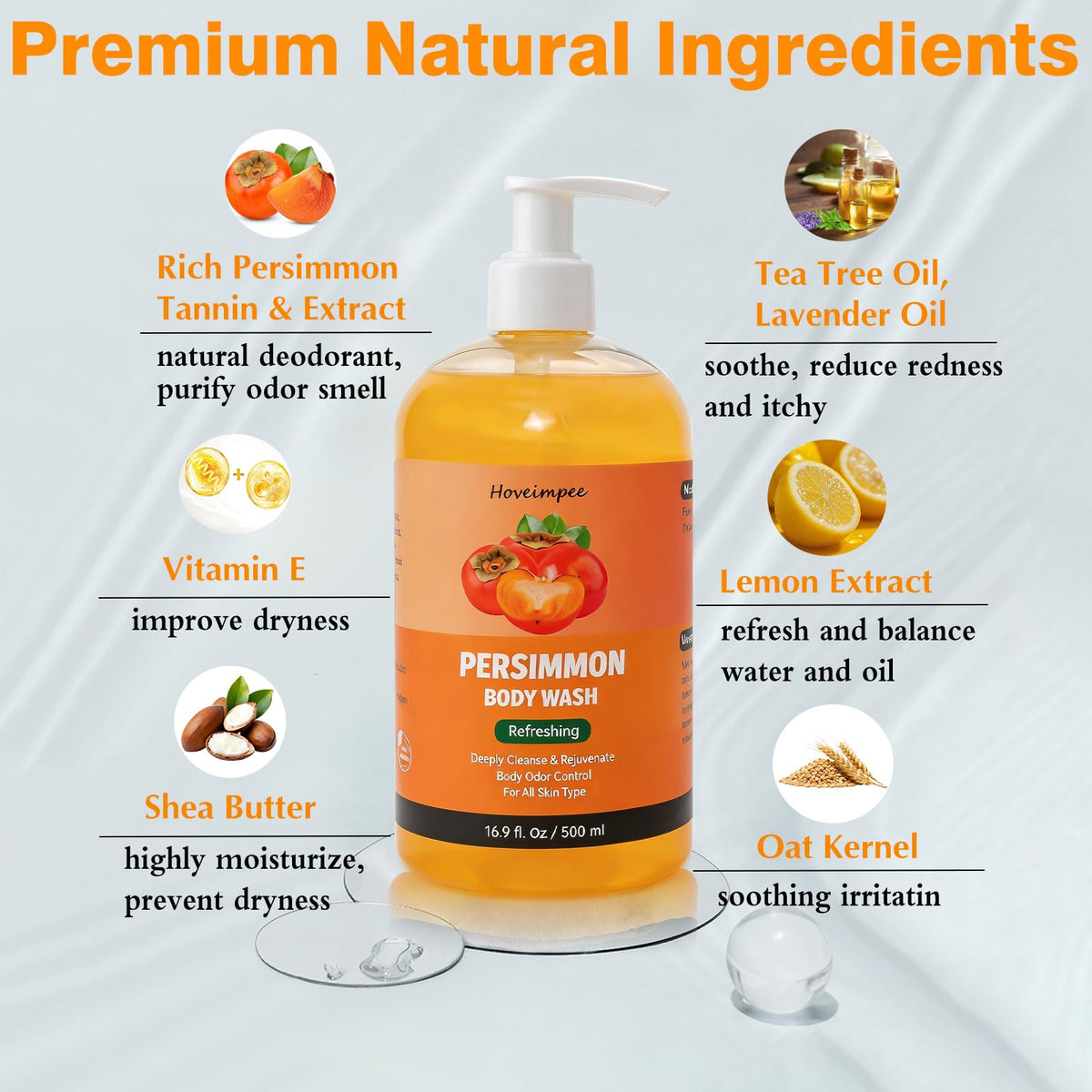 Hoveimpee bottle placed in shower showing easy pump use and freshness