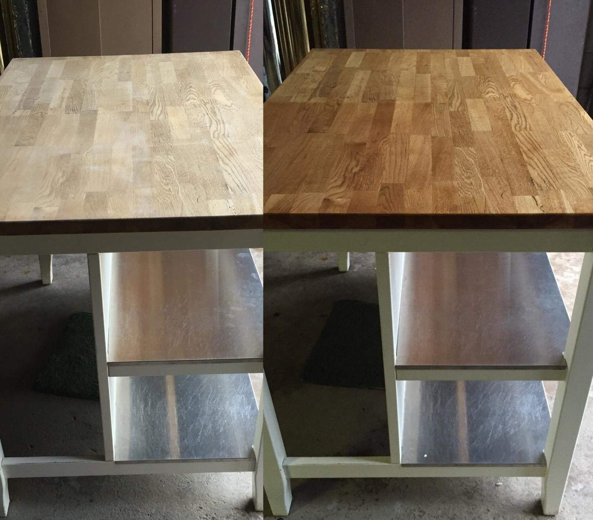 Side-by-side before and after cutting board treated with Howard BBC012 highlighting restored grain