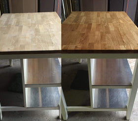 Side-by-side before and after cutting board treated with Howard BBC012 highlighting restored grain