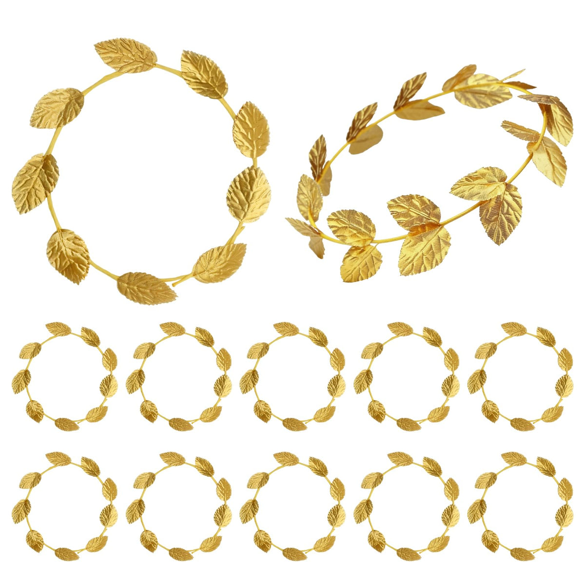 Hoypeyfiy front view of 12 gold laurel wreaths showing package contents and uniform look