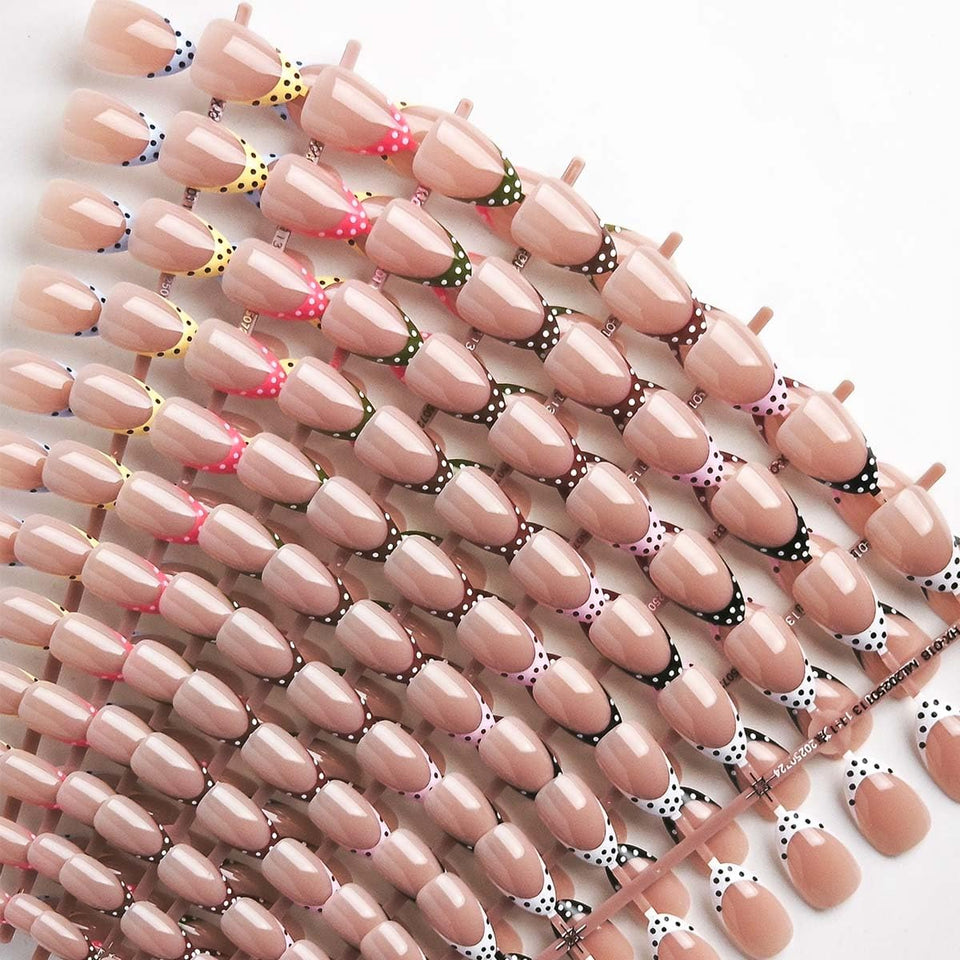 HPYFOI front packaging showing 216-piece polka dot French tip kit, convenient full set