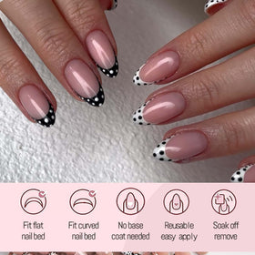 HPYFOI hand applying a press-on nail, demonstrating quick at-home application benefit
