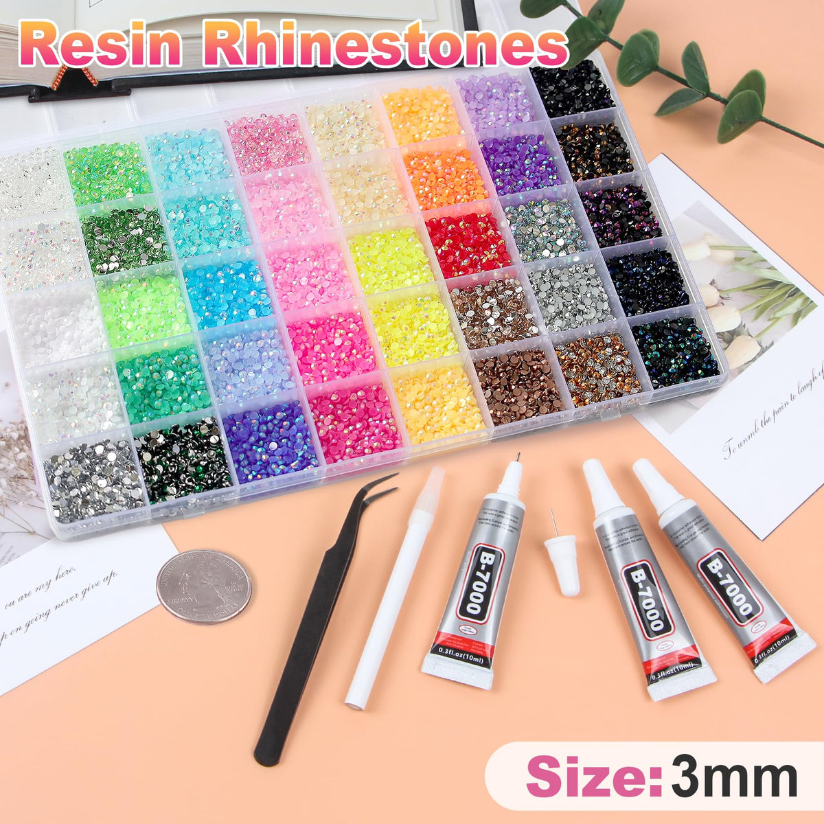 HRLbrc close-up of 3mm resin rhinestones highlighting AB-like coating and bright sparkle