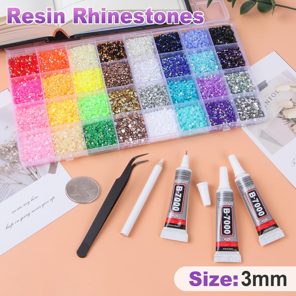 HRLbrc close-up of 3mm resin stones showing sparkle and durable AB coating