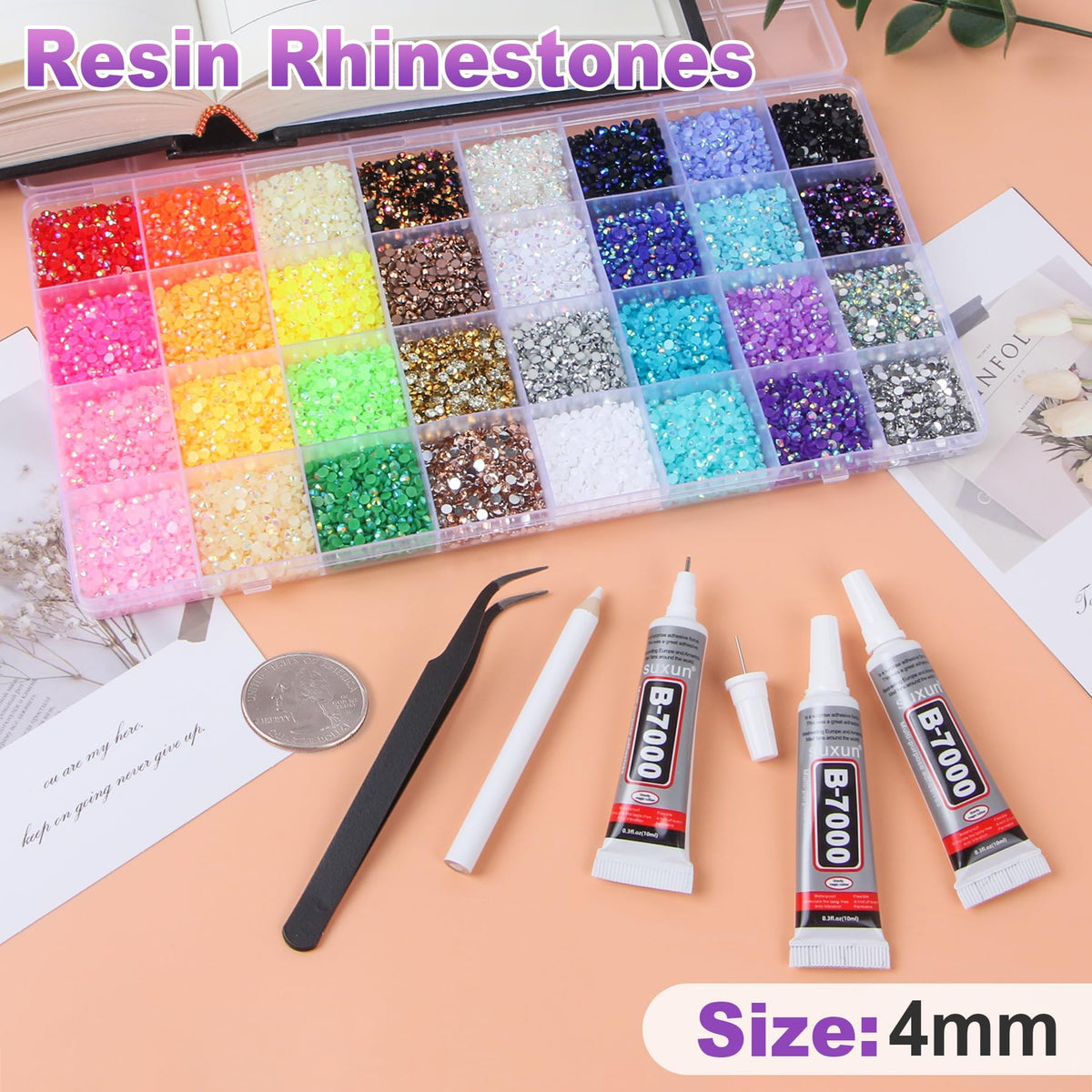 HRLbrc close-up on 4mm resin rhinestones highlighting chip-resistant shine and vibrant color