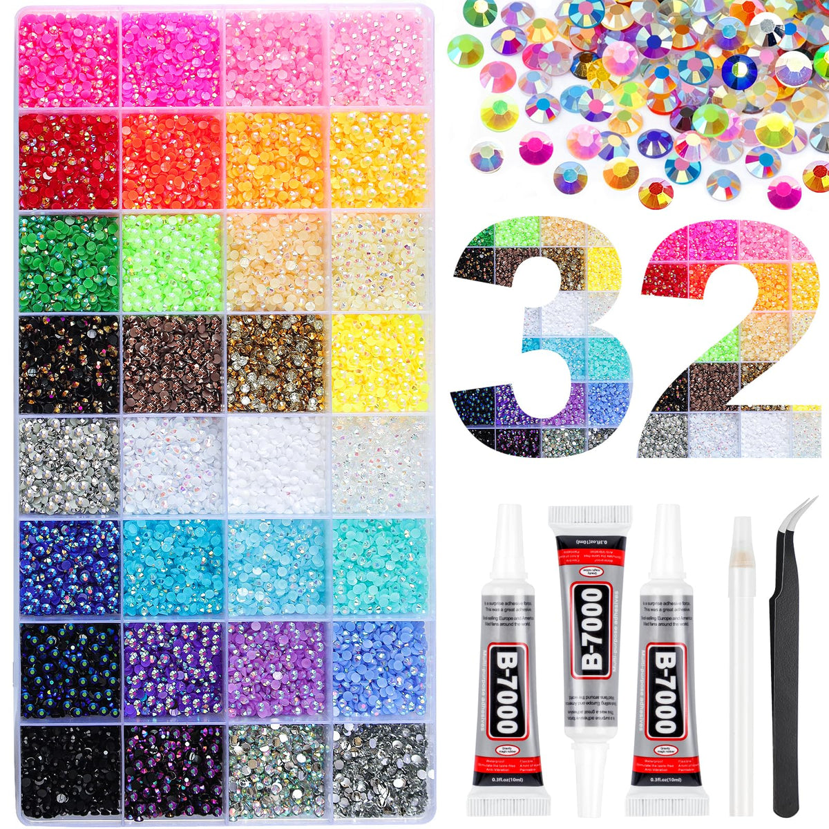 HRLbrc 32-grid storage box filled with 3mm rhinestones shows organized colors and quick access