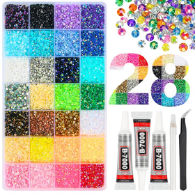 HRLbrc organizer box showing 28 color compartments and sorted rhinestones for easy access