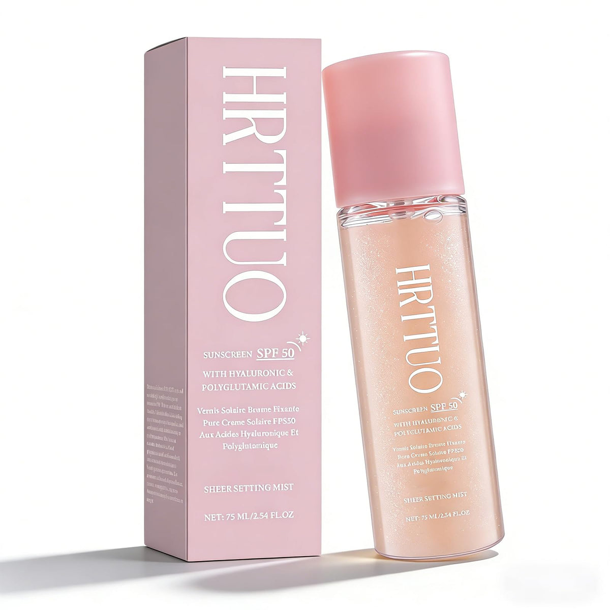 HRTTUO front packaging showing SPF 50 and spray bottle benefit of easy protection