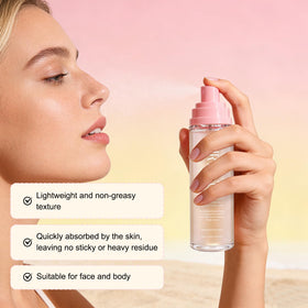 HRTTUO mist applied over foundation for non-smudging makeup hold