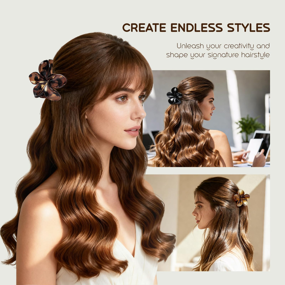 HSEM hair clip worn in beach hairstyle demonstrating non-slip hold and tropical accent