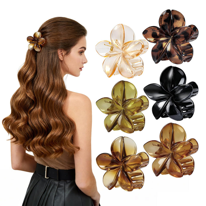 HSEM front view of six colorful Hawaiian flower clips showing vibrant designs and secure hold