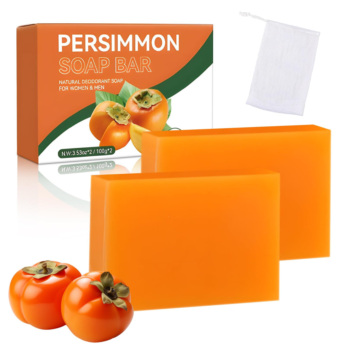 Htcpuo front packaging showing two persimmon soap bars and benefits
