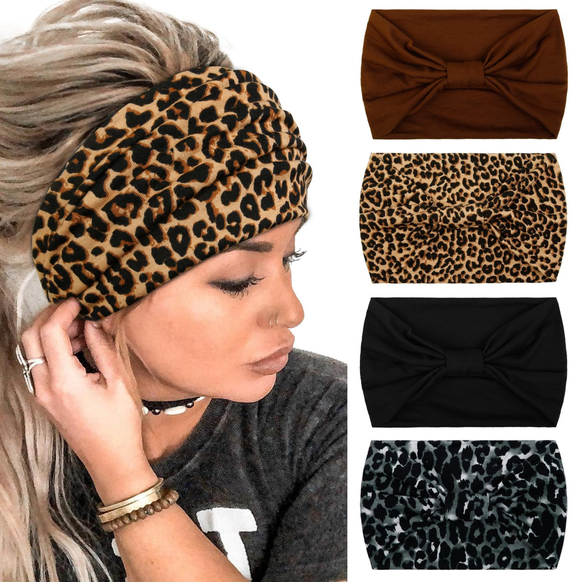 Huachi front view of four headbands showing color options and styling versatility
