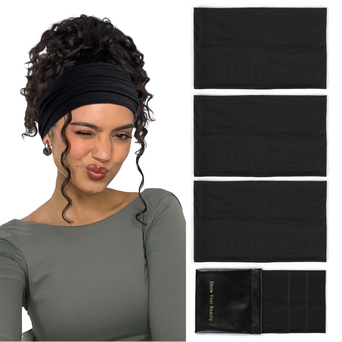 Huachi front view black headband showcasing clean design and secure fit