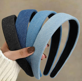 Huachi front view of 4-piece denim headband pack showing colors and packaging convenience