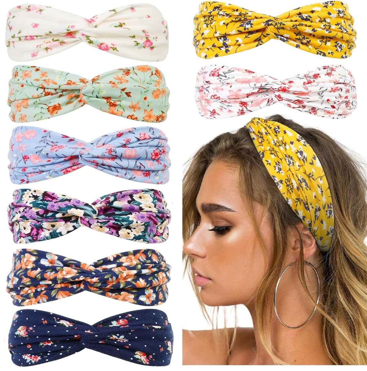 Huachi front view of 8-piece floral headband set showing variety and style