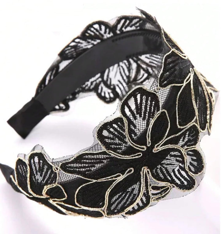 Huachi front view of vintage floral headband showing gold crochet elegance and instant glamour