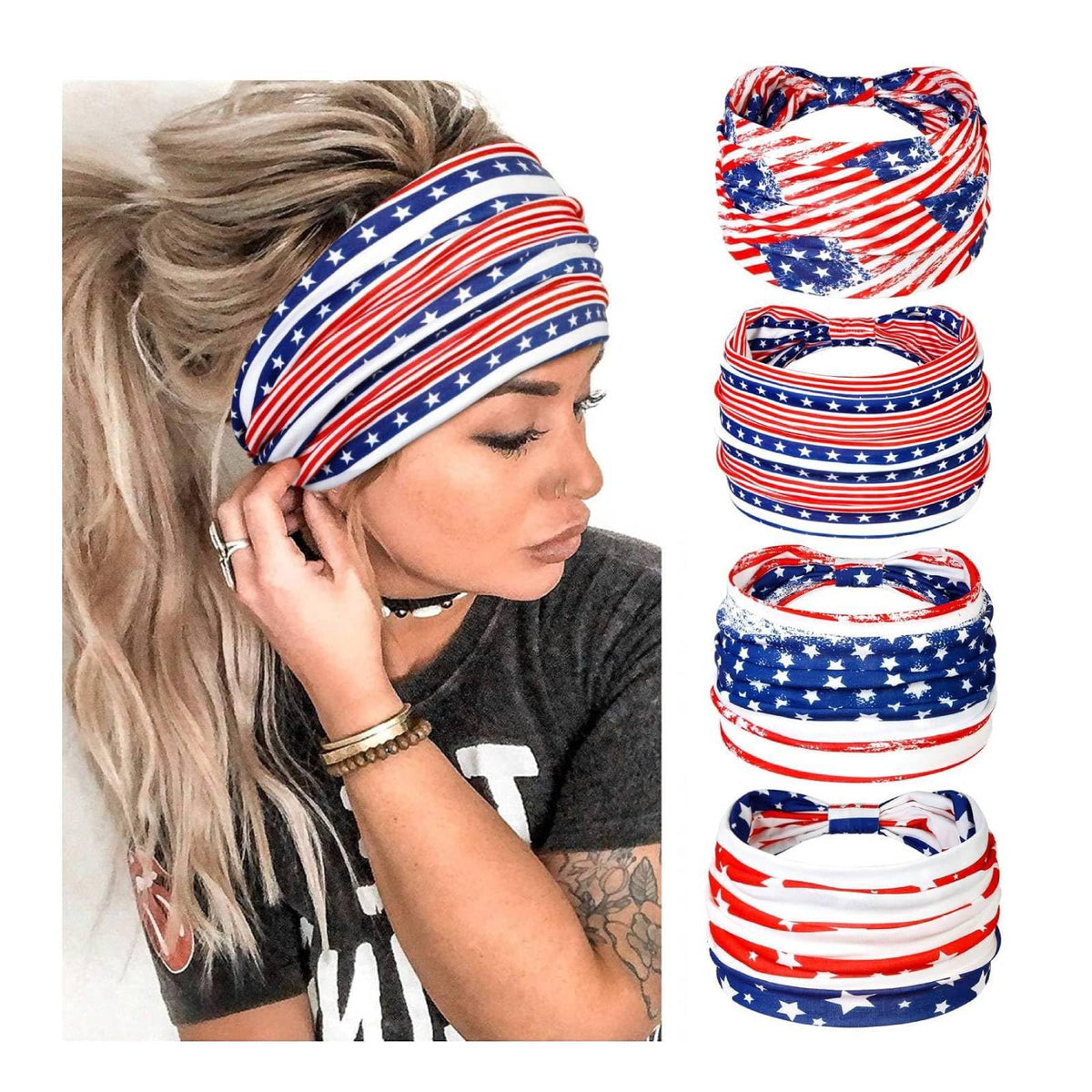 Huachi front pack of four patriotic headbands showing patterns and value