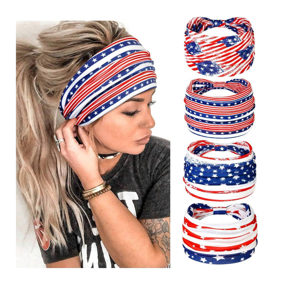 Huachi front pack of four patriotic headbands showing patterns and value
