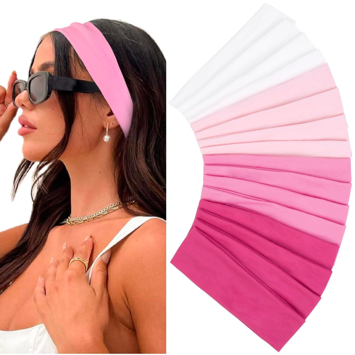 Huachi front pack showing 16 pink and white headbands for easy styling