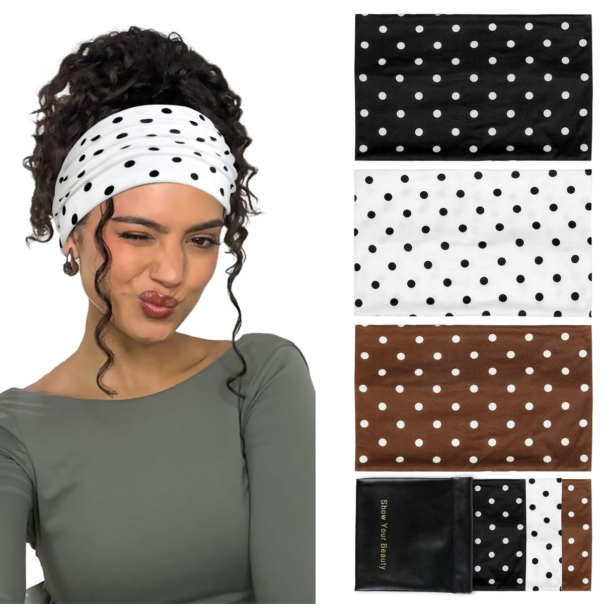 Huachi front view of polka dot headbands showing colors and packaging benefit