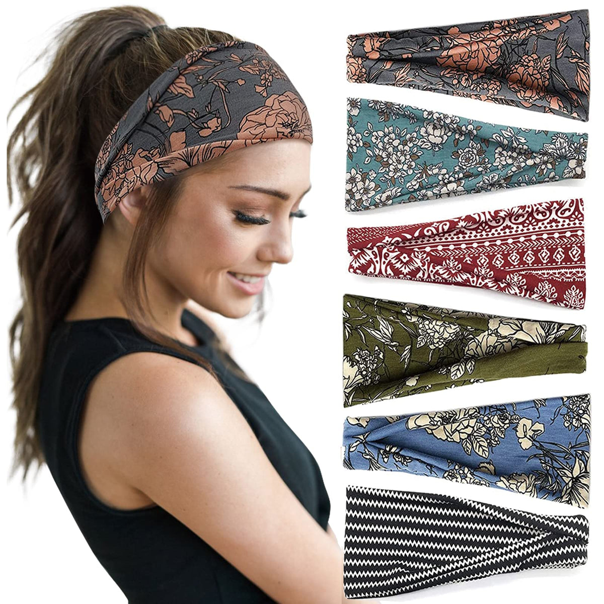 Huachi front view six-pack headbands showing variety and convenience