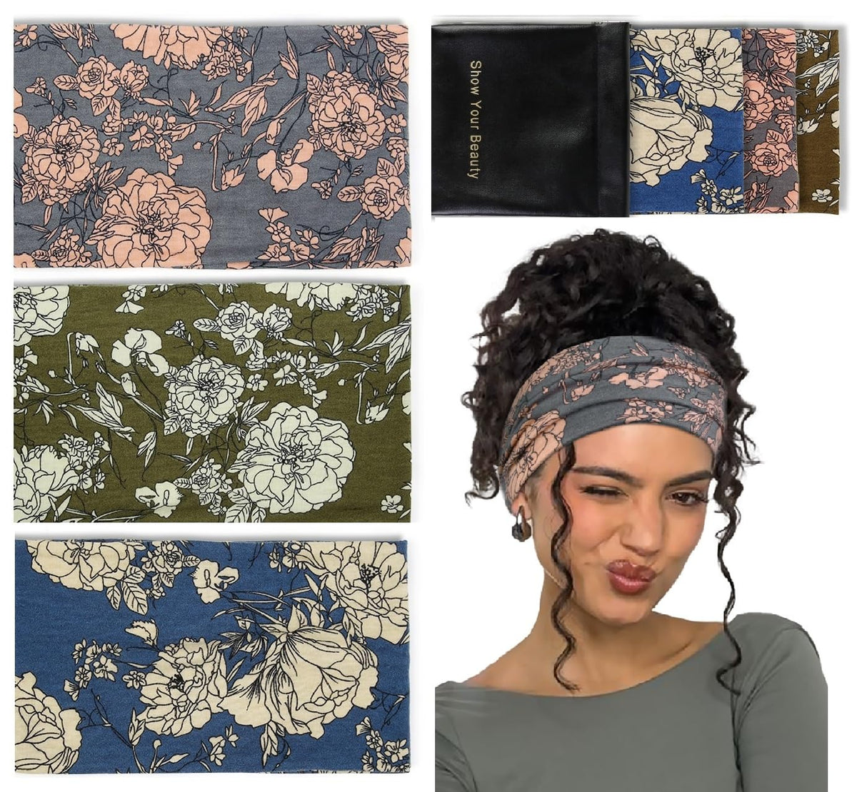 Huachi front view of wide headband showing color set and fit benefit